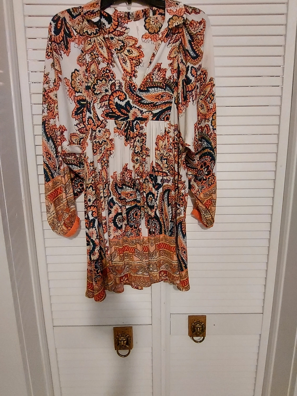 Free People White Paisley Mini Dress with Orange and Navy Accents